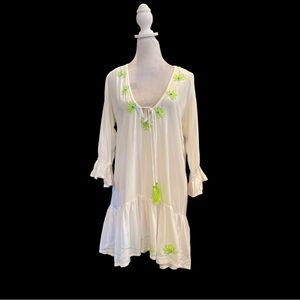 COOLCHANGE S white 1/2 sleeve V neck peasant tunic dress/beach coverup sequins